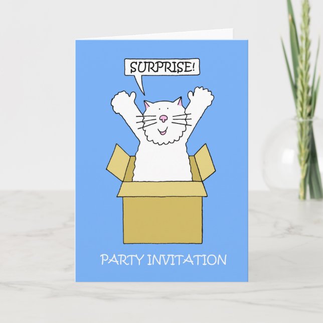 Surprise Party Invitation Cat in a Box (Front)