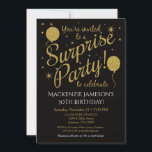 Surprise Party Invitation Gold Balloon Birthday<br><div class="desc">This fun surprise party invitation features black background with faux gold glitter balloons and stars. It has elegant and whimsical flair with a stylish edge. You guest of honour love the surprise birthday party invitation you picked out to celebrate their fabulous birthday. Great for 21st 30th 35th 40th 45th 50th...</div>