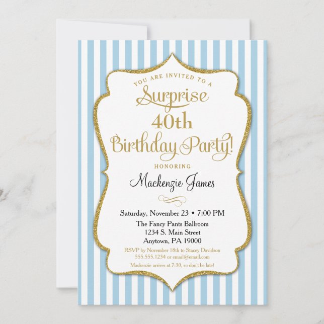 Surprise Party Invitation Light Blue Gold Elegant (Front)