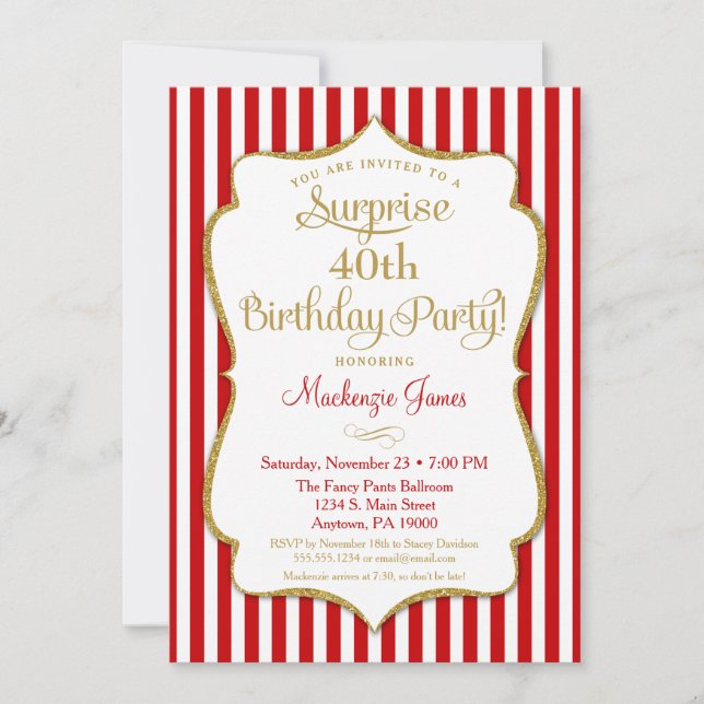 Surprise Party Invitation Red Gold Elegant Adult (Front)