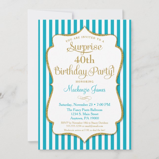 Surprise Party Invitation Turquoise Aqua Gold (Front)