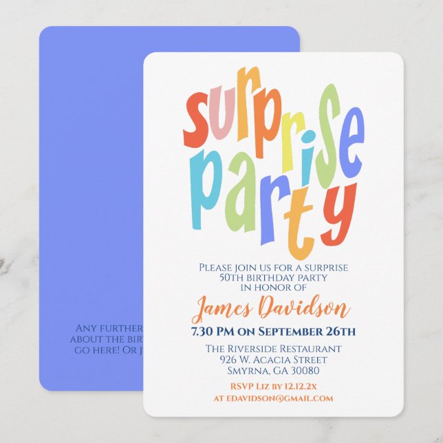 Surprise Party Modern Typography Invitation (Front/Back)