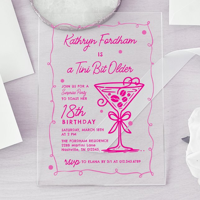SURPRISE PARTY Pink Doodle Martini 18th Birthday Acrylic Invitations (Creator Uploaded)