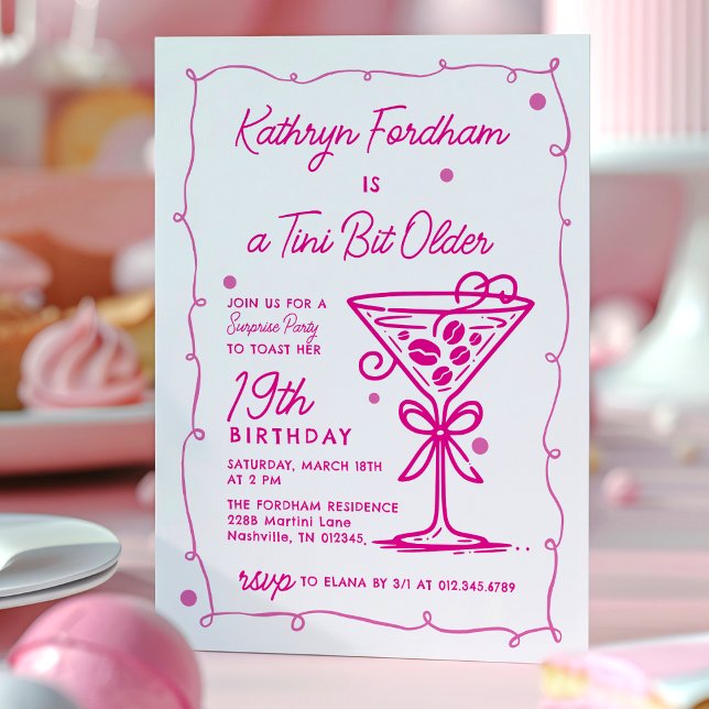 SURPRISE PARTY Pink Doodle Martini 19th Birthday Invitation (Creator Uploaded)