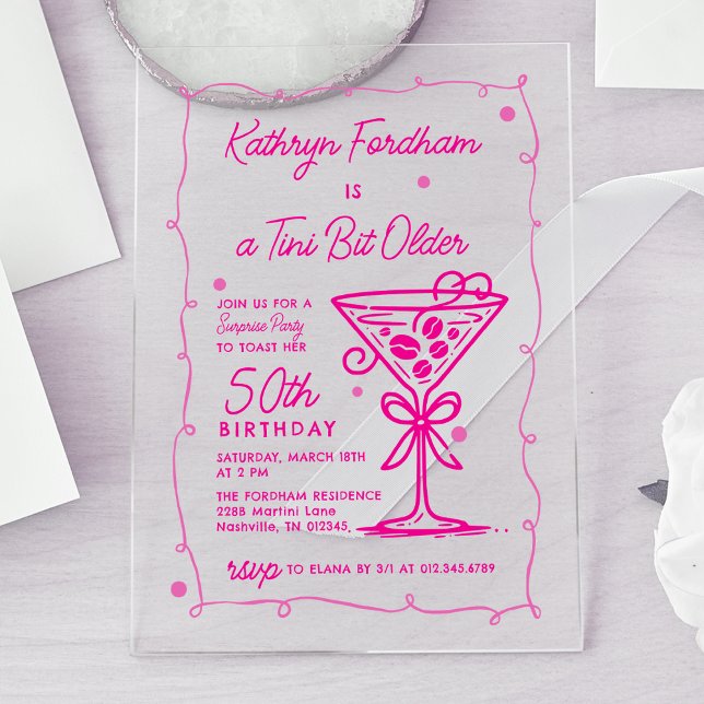 SURPRISE PARTY Pink Doodle Martini 50th Birthday Acrylic Invitations (Creator Uploaded)