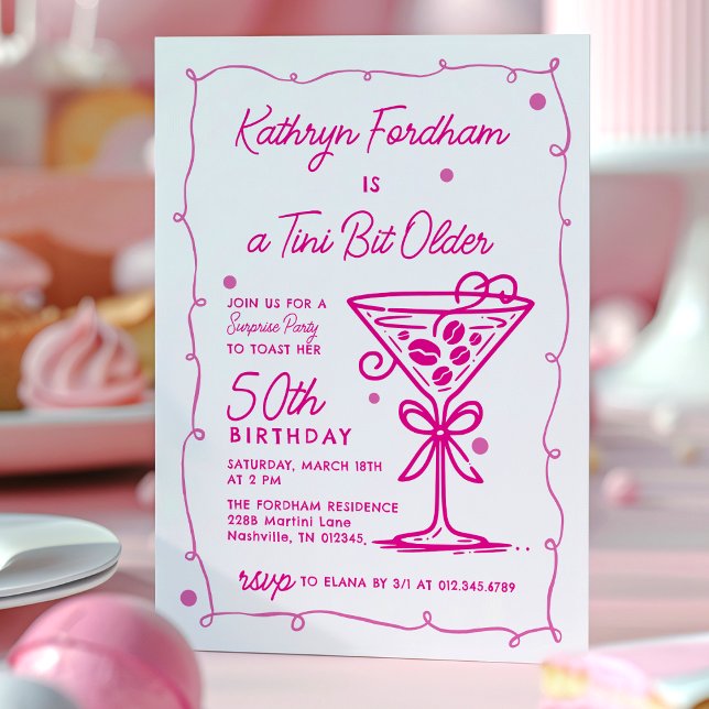 SURPRISE PARTY Pink Doodle Martini 50th Birthday Invitation (Creator Uploaded)