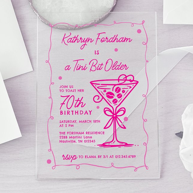 SURPRISE PARTY Pink Doodle Martini 70th Birthday Acrylic Invitations (Creator Uploaded)