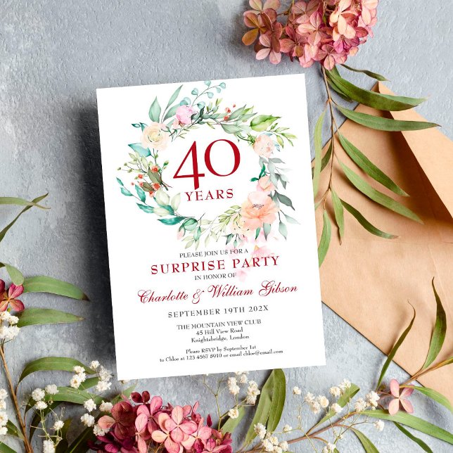 Surprise Party Roses Garland 40th Anniversary Invitation (Creator Uploaded)