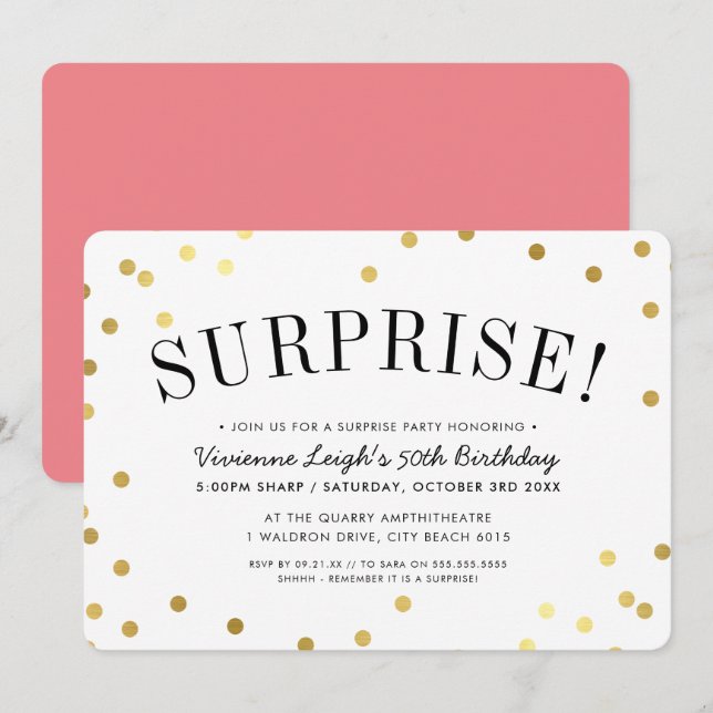 SURPRISE PARTY stylish gold confetti spots Invitation (Front/Back)
