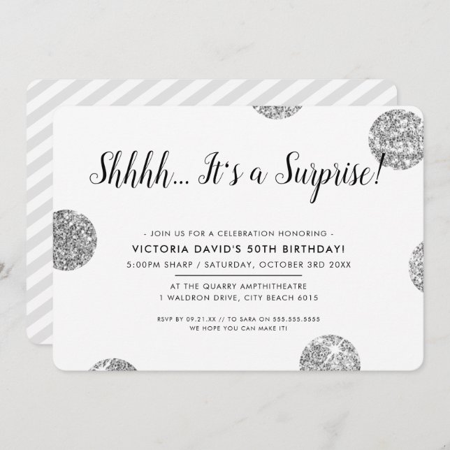 SURPRISE PARTY stylish silver glitter polka dots Invitation (Front/Back)