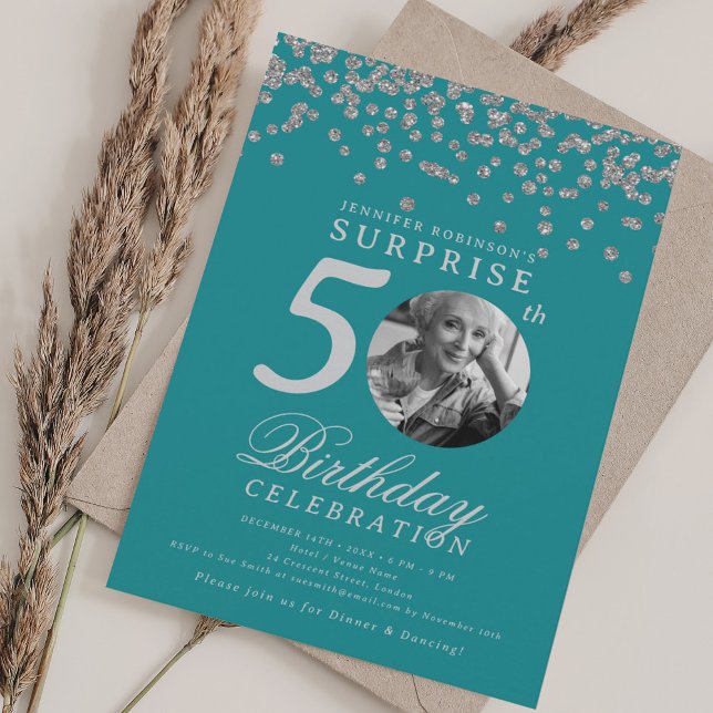 SURPRISE Photo 50 Birthday Silver Confetti Teal Invitation (SURPRISE Photo 50 Birthday Silver Confetti Teal Invitation)