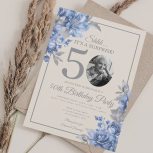 SURPRISE Photo 50th Birthday Blue Floral Beige Invitation