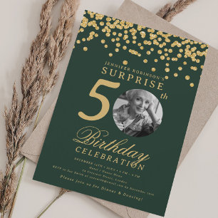 SURPRISE Photo 50th Birthday Gold Confetti Green  Invitation