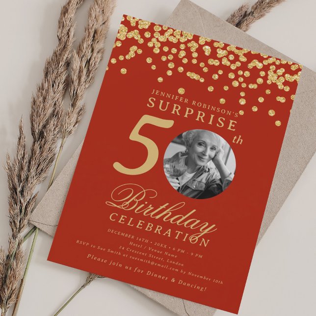 SURPRISE Photo 50th Birthday Gold Confetti Red Invitation (SURPRISE Photo 50th Birthday Gold Confetti Red Invitation)