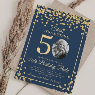 SURPRISE Photo 50th Birthday Gold Glitter Navy Blu Invitation
