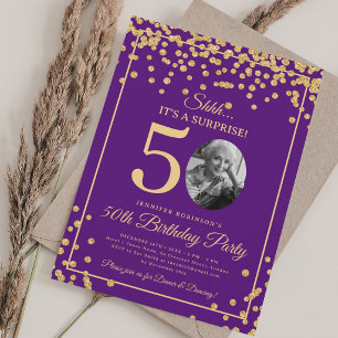 SURPRISE Photo 50th Birthday Gold Glitter Purple Invitation