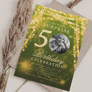 SURPRISE Photo 50th Birthday Gold Green Glam  Invitation
