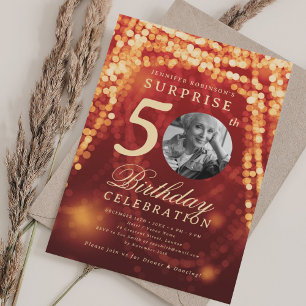 SURPRISE Photo 50th Birthday Gold Red Glam Lights Invitation