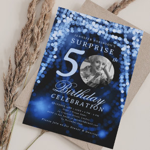 SURPRISE Photo 50th Birthday Navy Blue Glam Lights Invitation