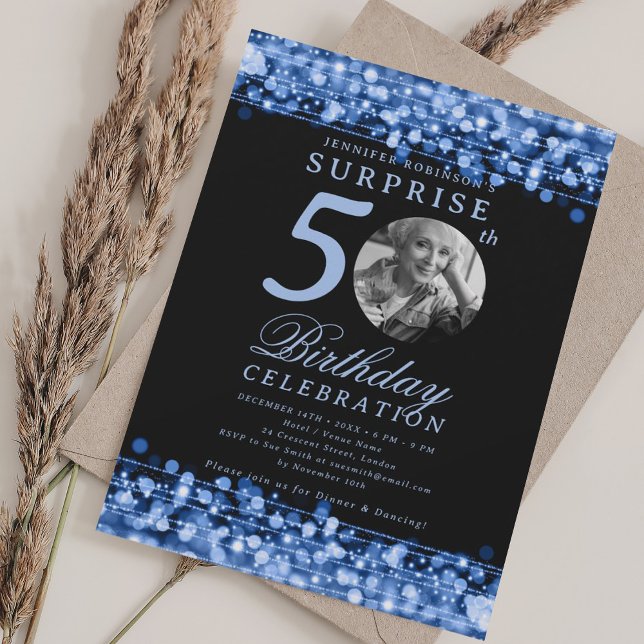 SURPRISE Photo 50th Birthday Navy Blue Lights Invitation (SURPRISE Photo 50th Birthday Navy Blue Lights Invitation)