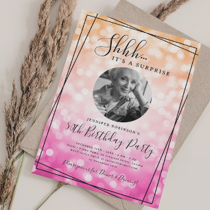 SURPRISE Photo 50th Birthday Ombre Pink Bokeh Invitation