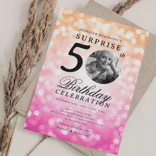 SURPRISE Photo 50th Birthday Orange Pink Bokeh Invitation