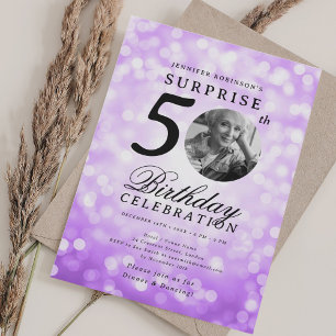 SURPRISE Photo 50th Birthday Party Purple Bokeh Invitation