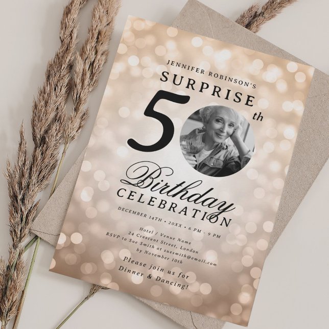 SURPRISE Photo 50th Birthday Party Rose Gold Bokeh Invitation (SURPRISE Photo 50th Birthday Party Rose Gold Bokeh Invitation)