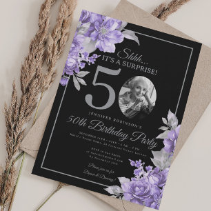 SURPRISE Photo 50th Birthday Purple Floral Black Invitation