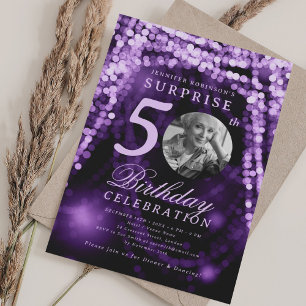 SURPRISE Photo 50th Birthday Purple Glam Lights Invitation