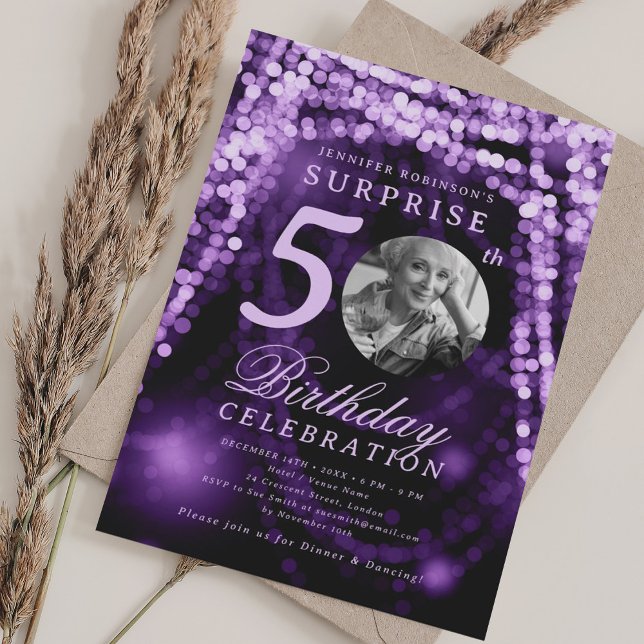 SURPRISE Photo 50th Birthday Purple Glam Lights Invitation (SURPRISE Photo 50th Birthday Purple Glam Lights Invitation)