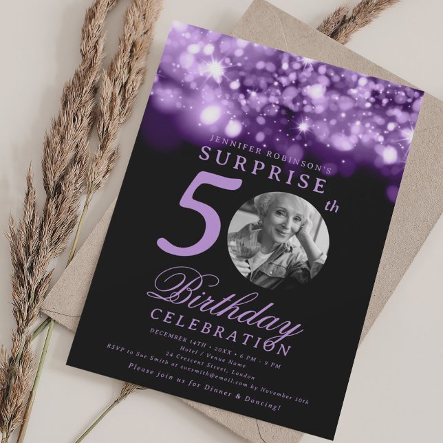 SURPRISE Photo 50th Birthday Purple Midnight  Invitation (SURPRISE Photo 50th Birthday Purple Midnight Invitation)