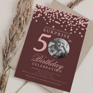 SURPRISE Photo 50th Birthday Rose Gold Burgundy  Invitation