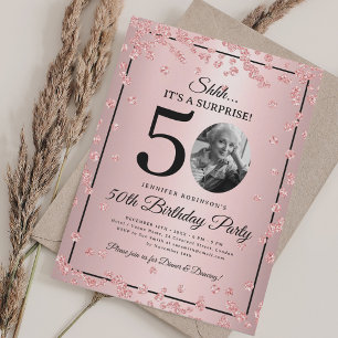 SURPRISE Photo 50th Birthday Rose Gold Glam Invitation