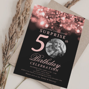 SURPRISE Photo 50th Birthday Rose Gold Midnight Invitation