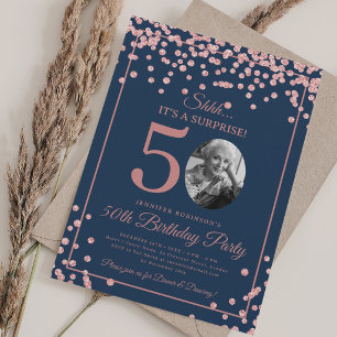 SURPRISE Photo 50th Birthday Rose Gold Navy Blue Invitation