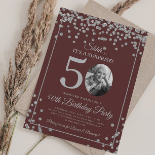 SURPRISE Photo 50th Birthday Silver Burgundy Invitation