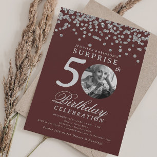 SURPRISE Photo 50th Birthday Silver Burgundy  Invitation