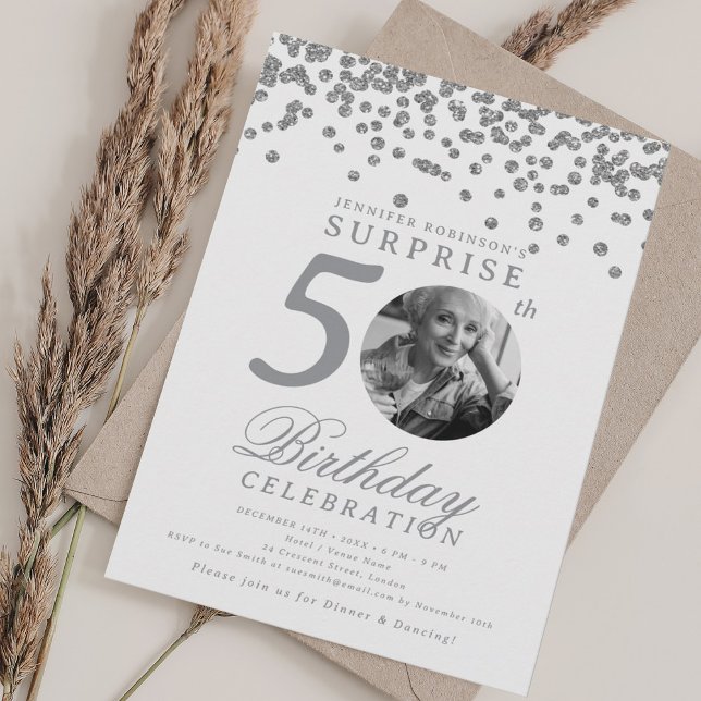 SURPRISE Photo 50th Birthday Silver Confetti Invitation (SURPRISE Photo 50th Birthday Silver Confetti Invitation)