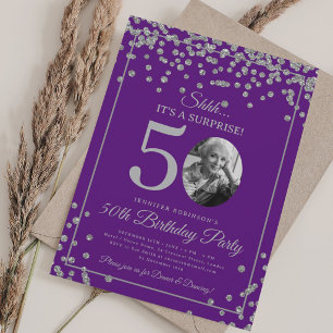 SURPRISE Photo 50th Birthday Silver Purple Invitation