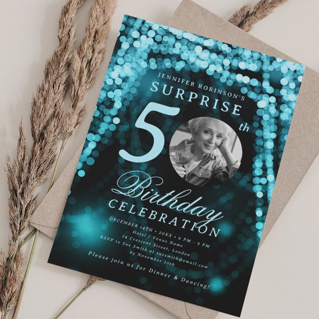 SURPRISE Photo 50th Birthday Turquoise Glam Lights Invitation (SURPRISE Photo 50th Birthday Turquoise Glam Lights Invitation)