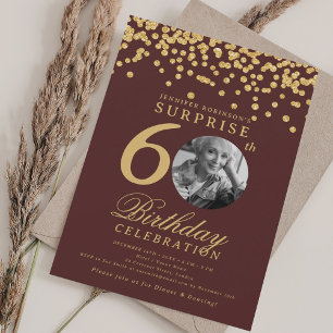SURPRISE Photo 60 Birthday Gold Confetti Burgundy Invitation