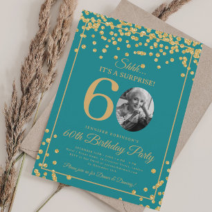 SURPRISE Photo 60 Birthday Gold Confetti Teal Invitation