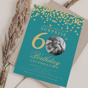 SURPRISE Photo 60 Birthday Gold Confetti Turquoise Invitation