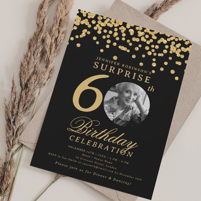 SURPRISE Photo 60th Birthday Gold Confetti Black Invitation (SURPRISE Photo 60th Birthday Gold Confetti Black Invitation)