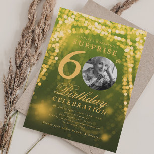 SURPRISE Photo 60th Birthday Green Gold Lights Invitation