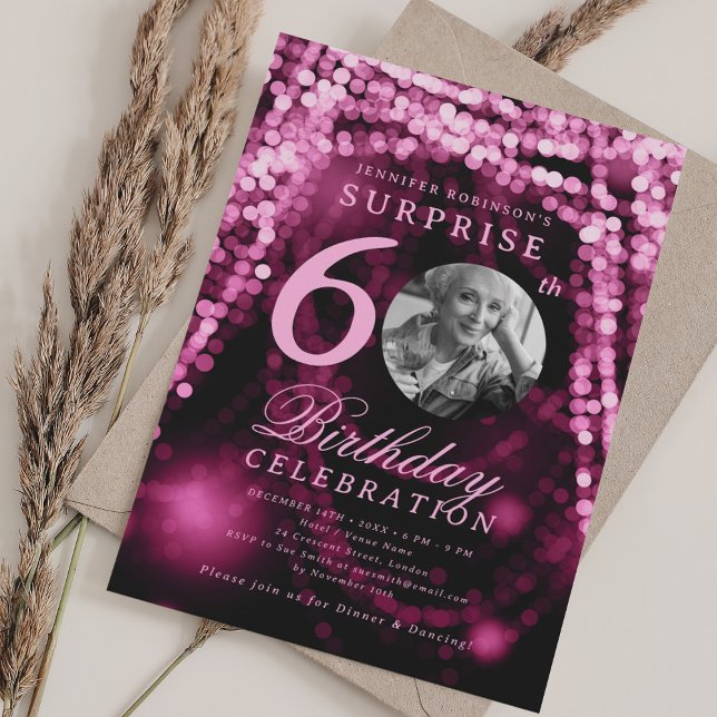SURPRISE Photo 60th Birthday Hot Pink Glam Lights Invitation (SURPRISE Photo 60th Birthday Hot Pink Glam Lights Invitation)
