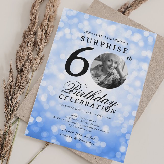 SURPRISE Photo 60th Birthday Navy Blue Bokeh Invitation (SURPRISE Photo 60th Birthday Navy Blue Bokeh Invitation)