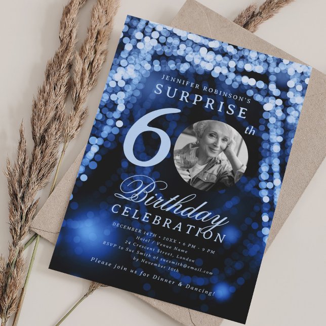 SURPRISE Photo 60th Birthday Navy Blue Glam Lights Invitation (SURPRISE Photo 60th Birthday Navy Blue Glam Lights Invitation)