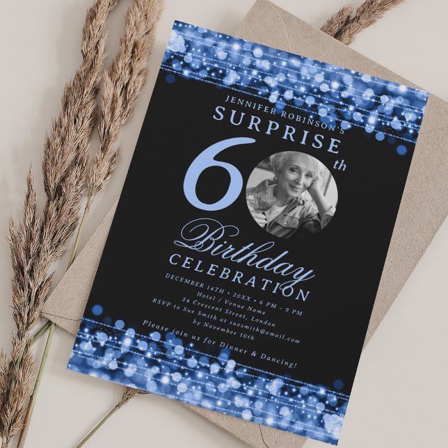 SURPRISE Photo 60th Birthday Navy Blue Lights Invitation (SURPRISE Photo 60th Birthday Navy Blue Lights Invitation)